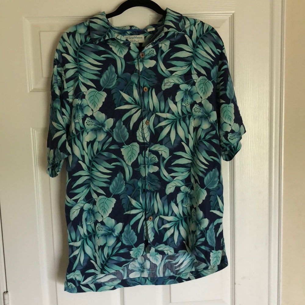 CARRIBEAN silk blend blue green floral shirt L